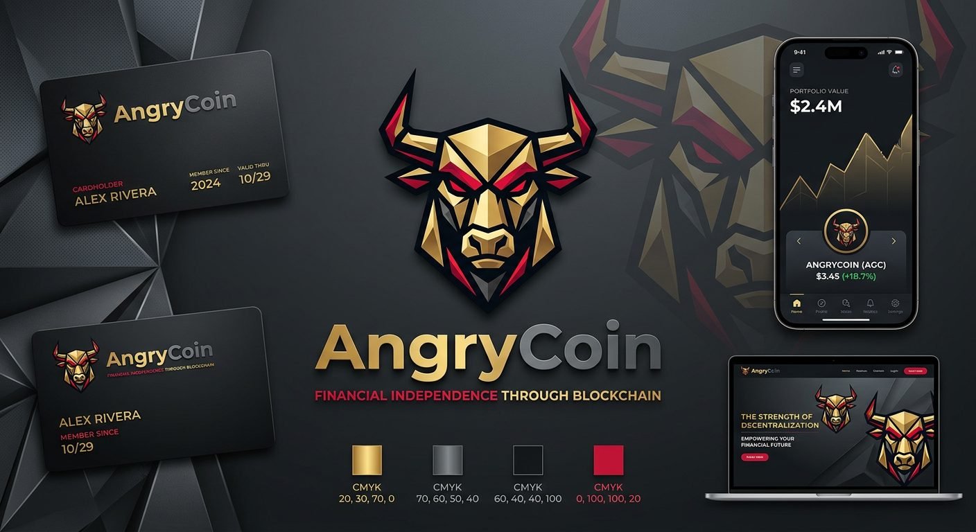 AngryCoin brand board: gold geometric bull, cards and app on black
